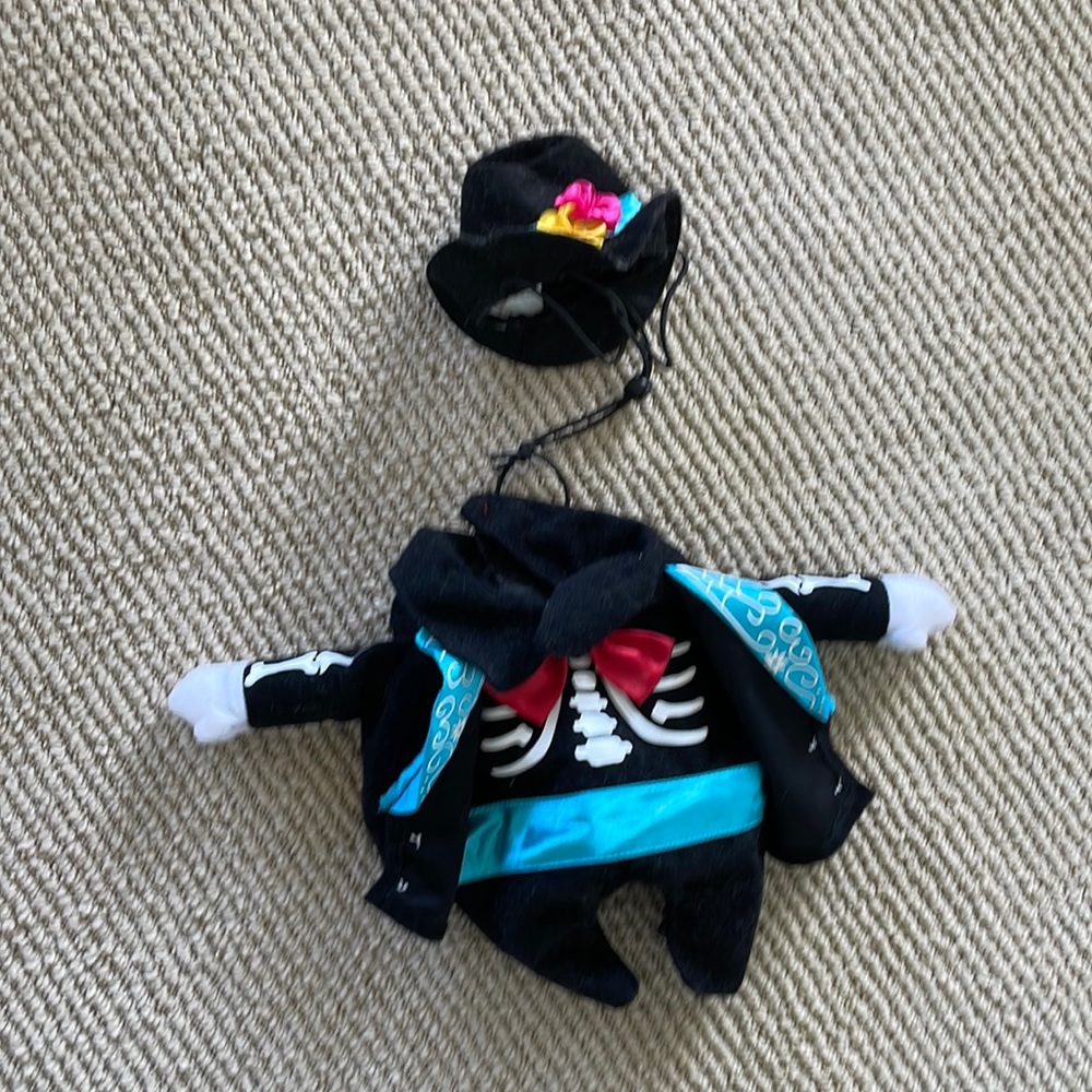 Skeleton / dia de Los Muertos pet costume, complete with hat!